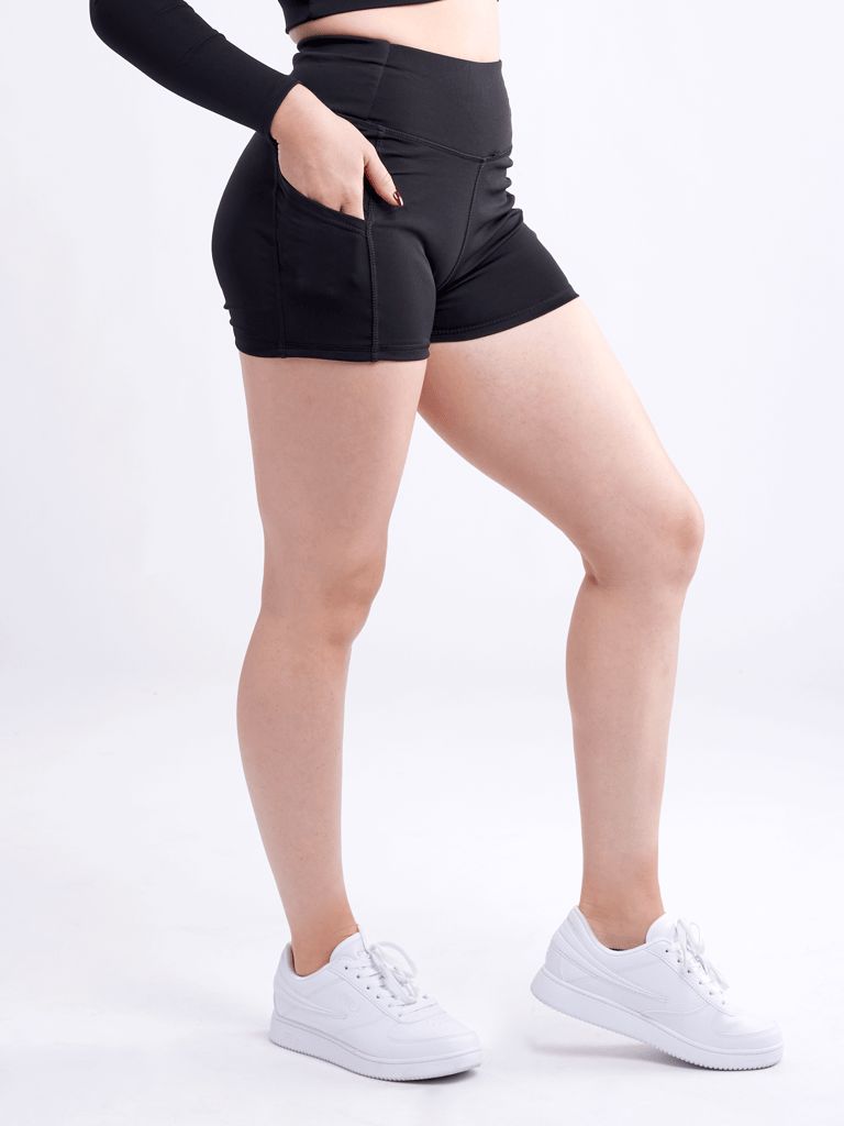 High-Waisted Athletic Shorts with Side Pockets - Black
