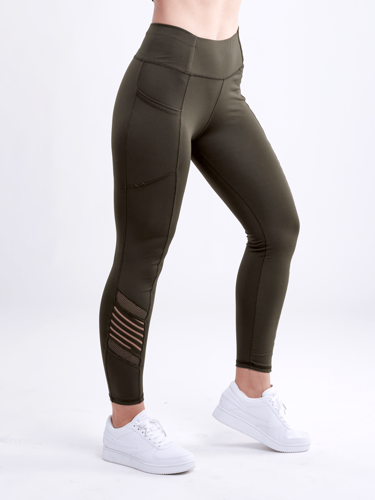 High-Waisted Pilates Leggings with Side Pockets & Mesh Panels - Olive Green