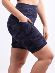 High-Waisted Sports Shorts with Double Side Pockets - Blue camo