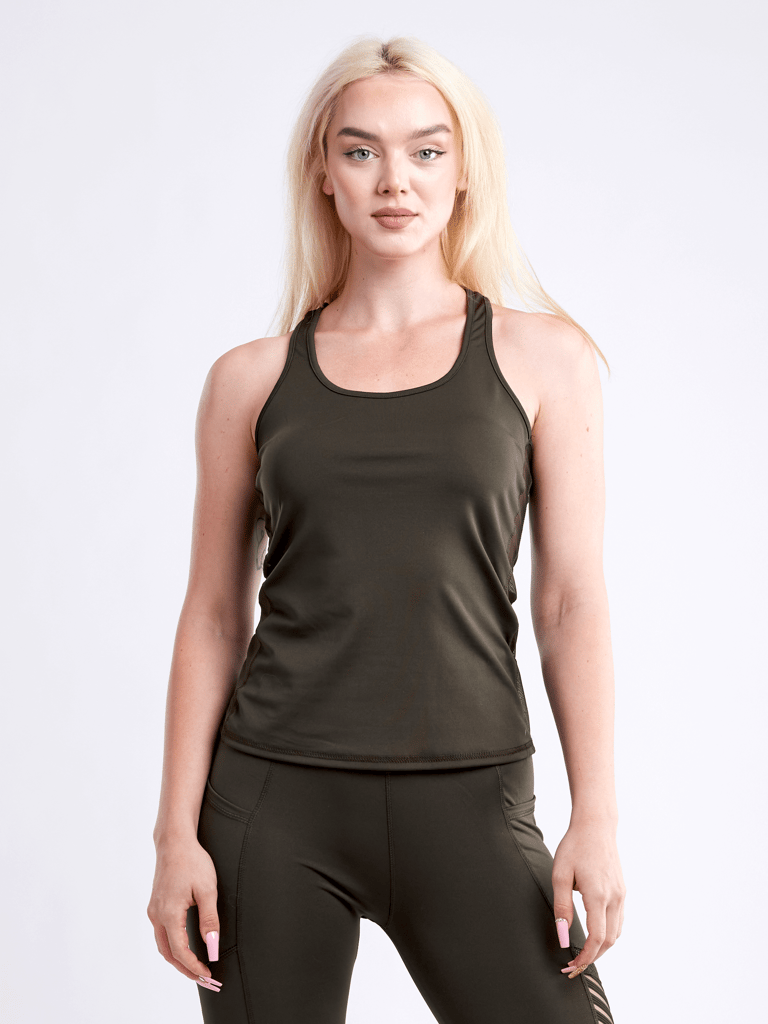 Sports Tank Top with Side Mesh Panels - Olive Green