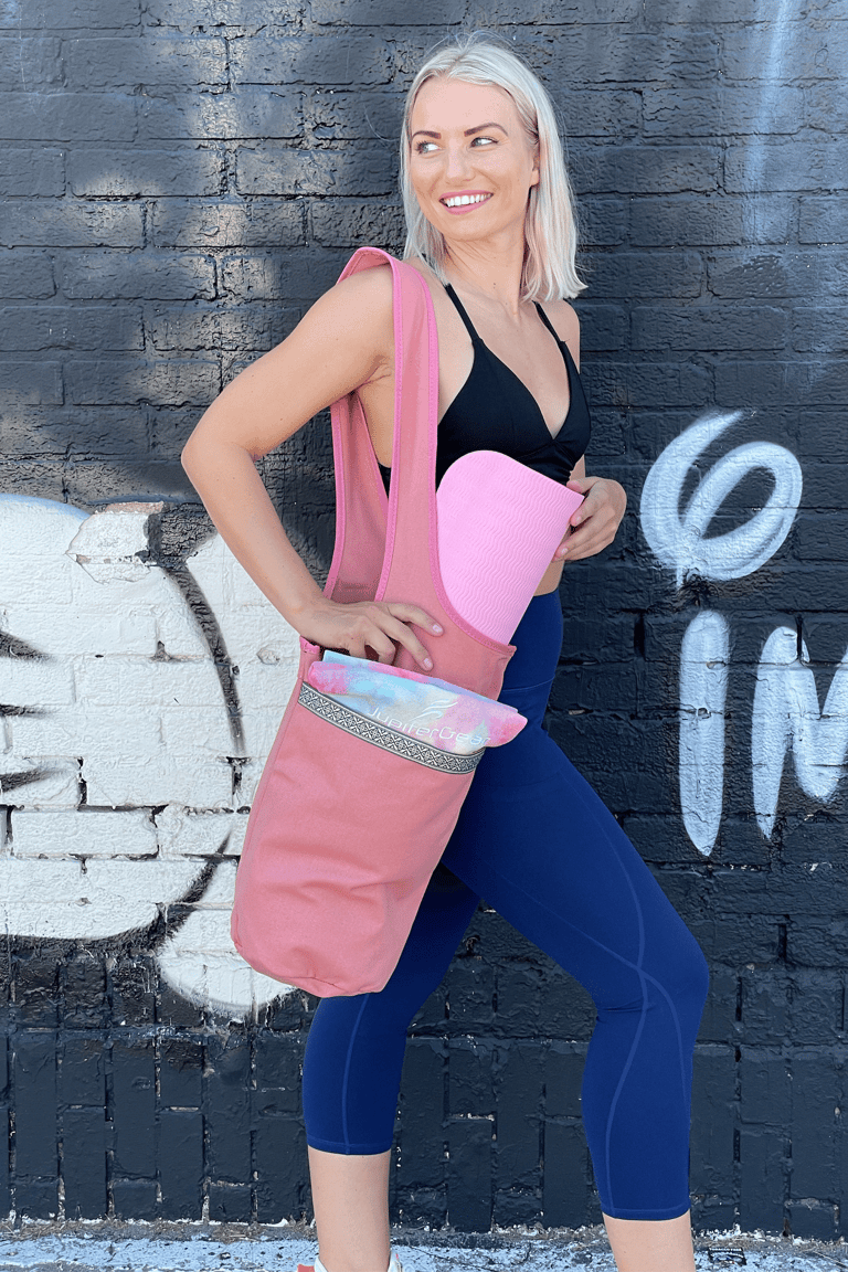 Yoga Mat Bag Carrying Tote with Large Pockets - Pink
