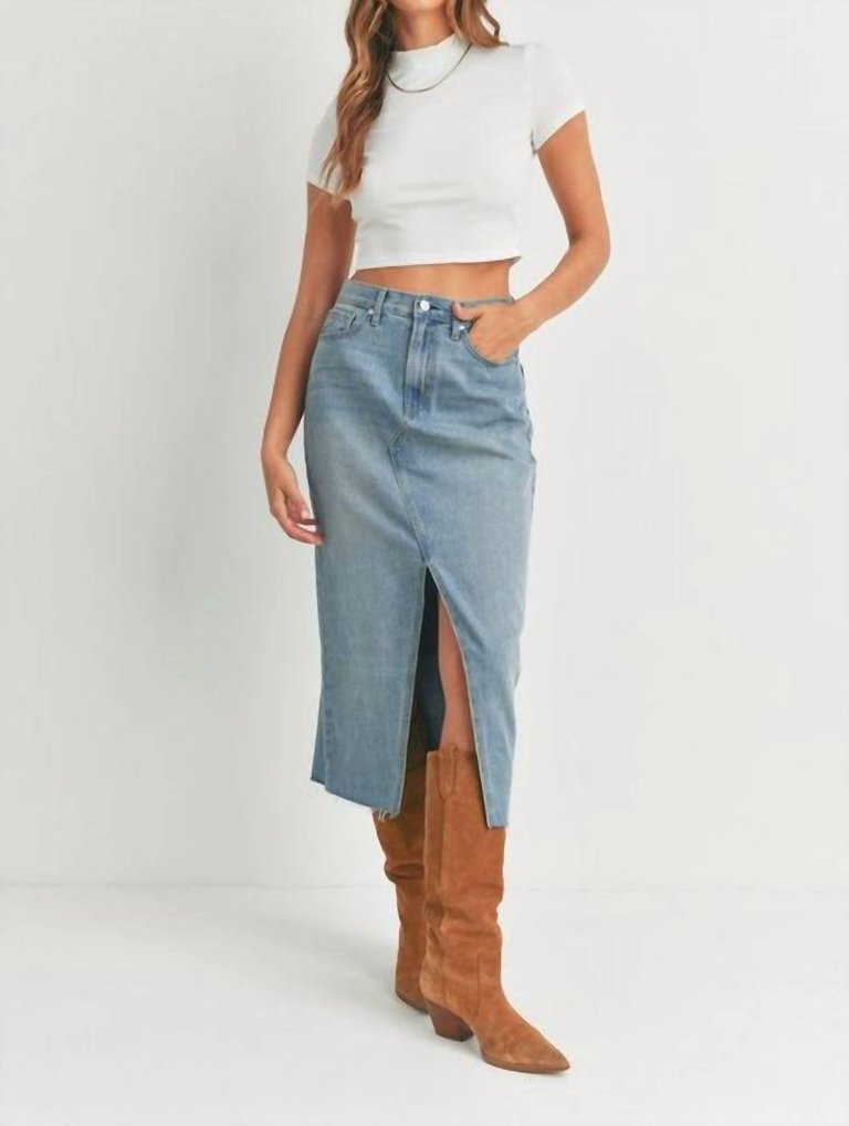 Denim Midi Skirt With Slit In Light Wash - Light Wash