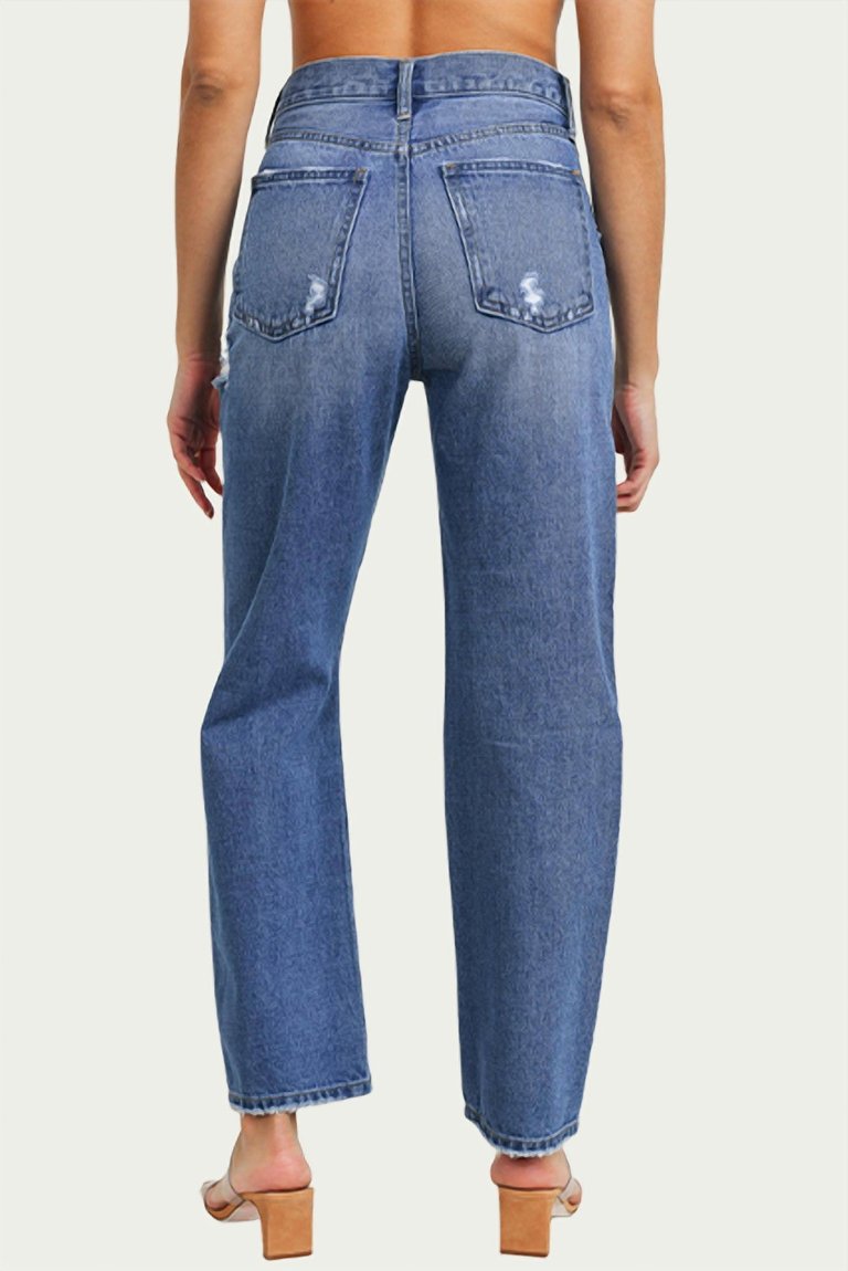 Distressed High-Rise Straight-Leg Jeans In Medium Denim