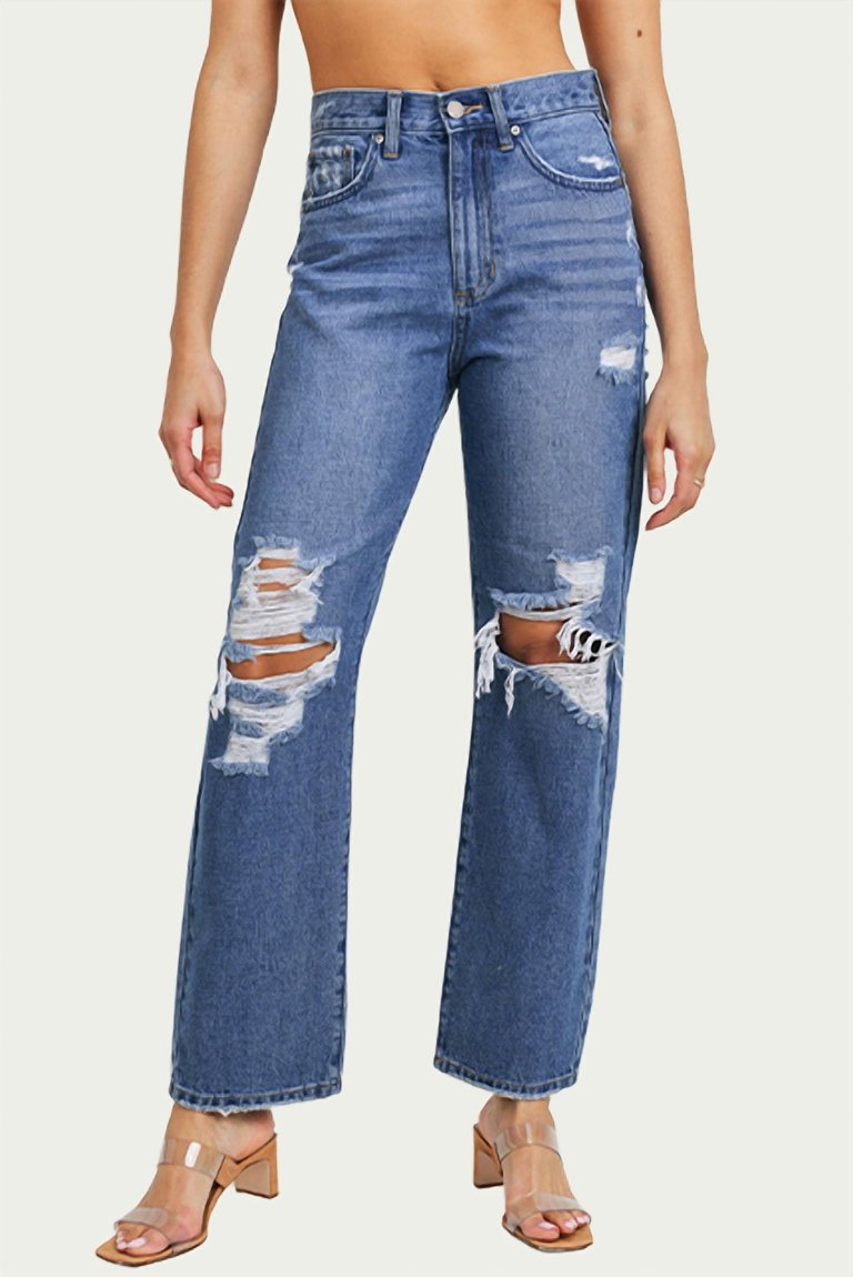 Distressed High-Rise Straight-Leg Jeans In Medium Denim - Medium Denim