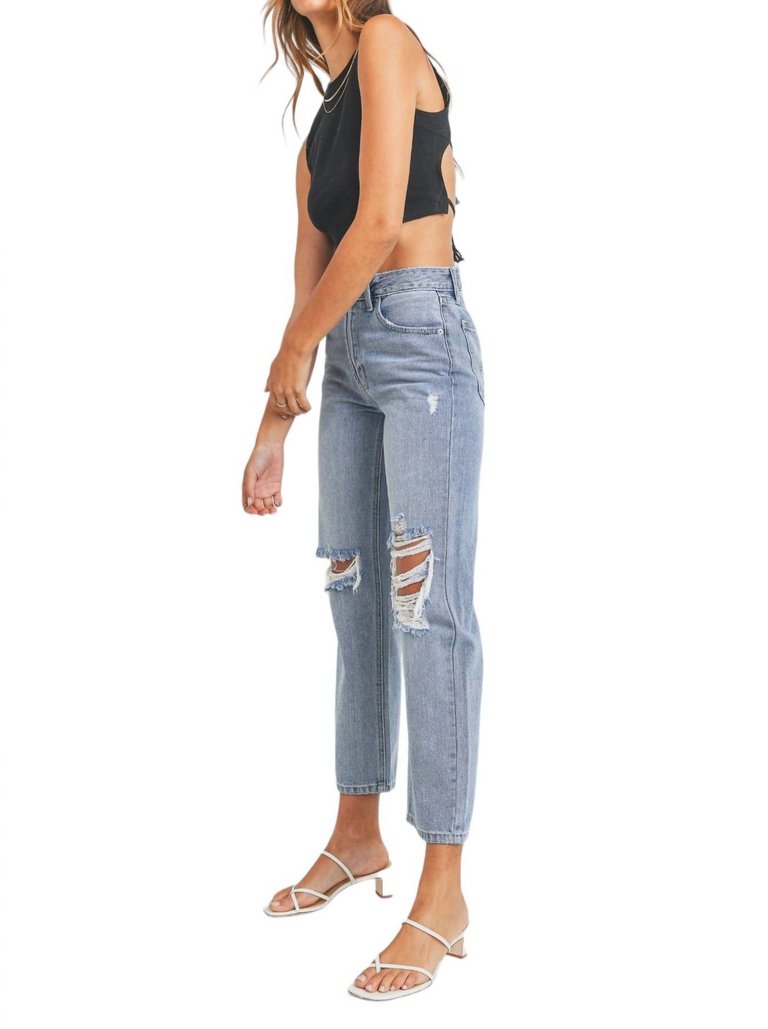 Distressed Straight All Cotton Jeans In Light Denim - Light Denim