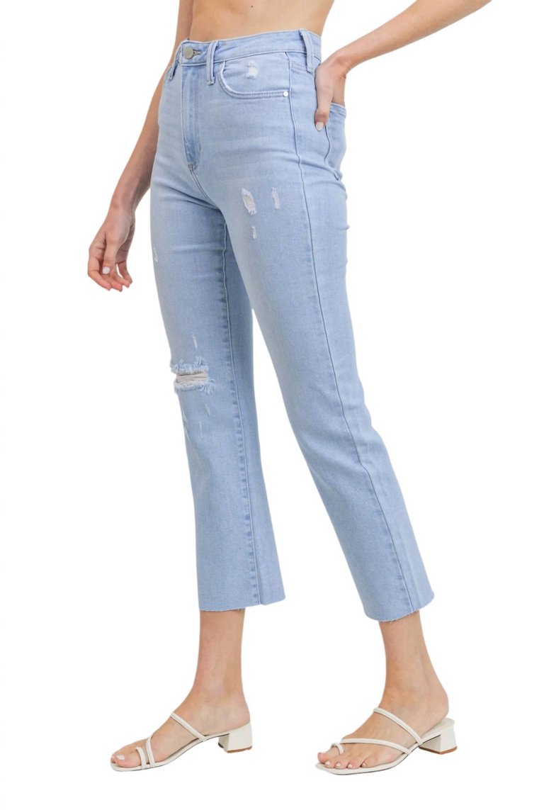 One Knee Distressed Straight Jean In Light Wash