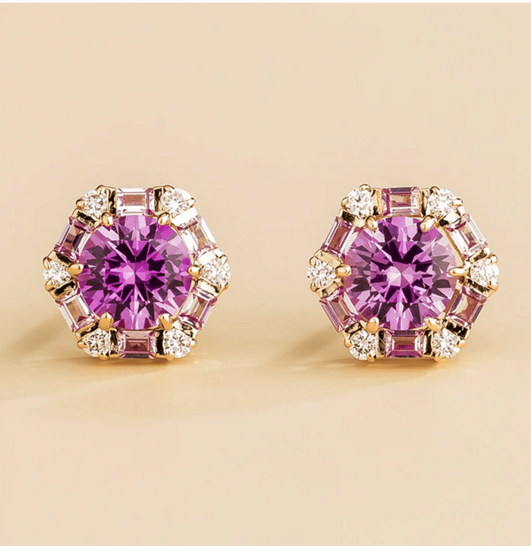 Melba Rose Gold Earrings Set With Purple Sapphire, Pink Sapphire & Diamond