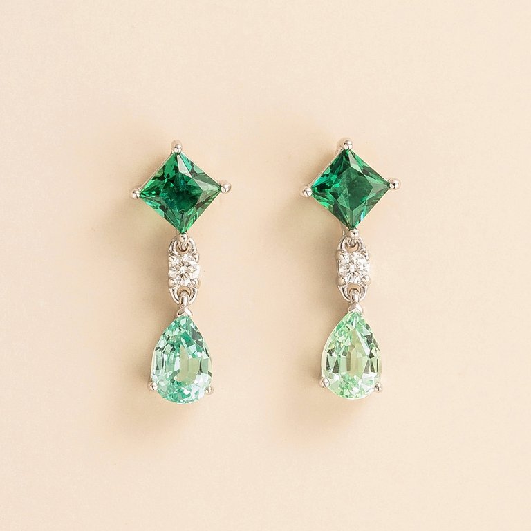 Ori White Gold Earrings In Emerald, Diamond & Green Sapphire - White Gold