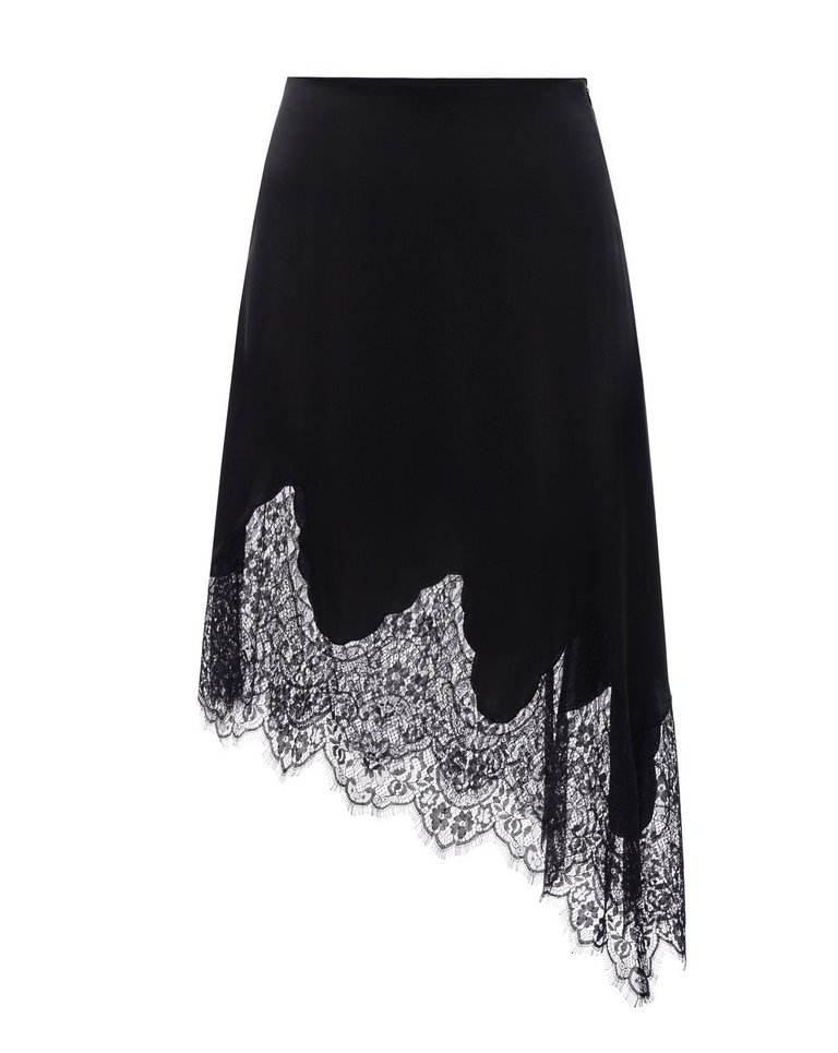 Asymmetrical Silk Midi Skirt With Lace - Black