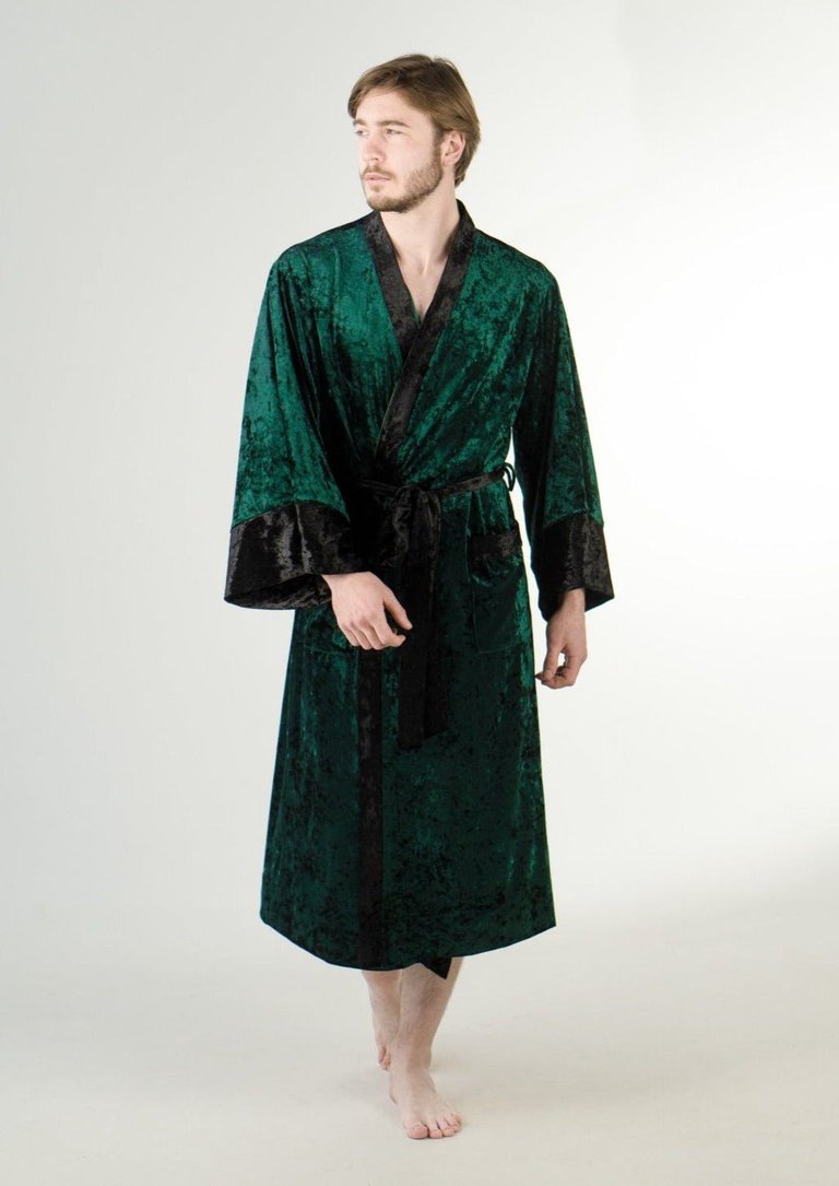 Crushed Velvet Robe Men's With Lining - Green - Green