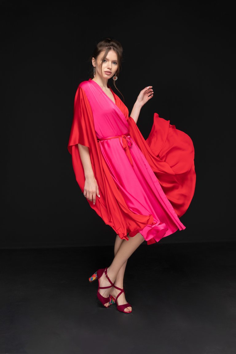 Duo Angel Sleeve Midi Dress - Red and Pink