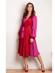 Duo Puff Sleeve Midi Dress - Pink and Red
