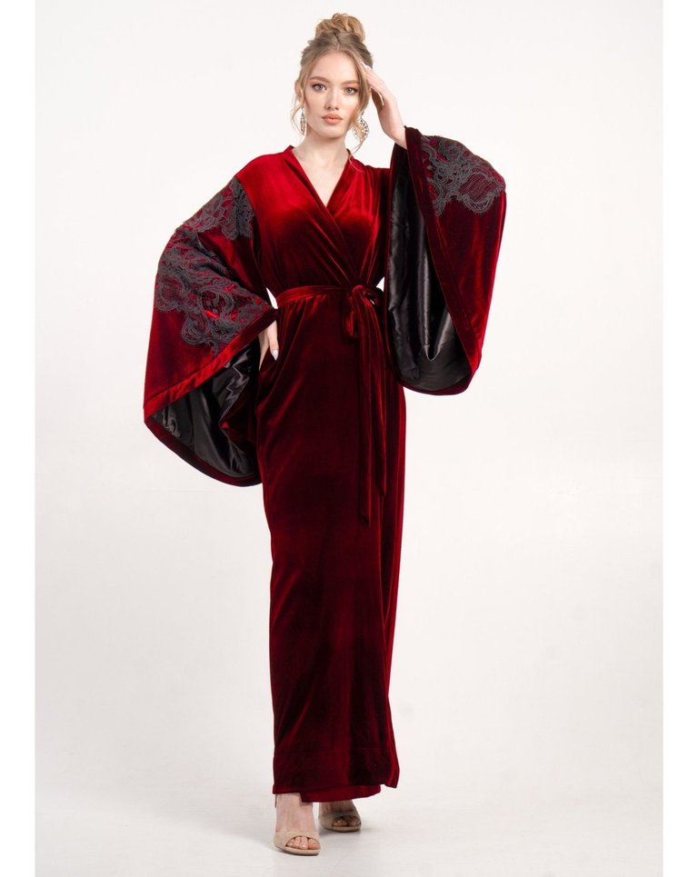 Glorious Velvet Kimono Robe - Burgundy - Burgundy