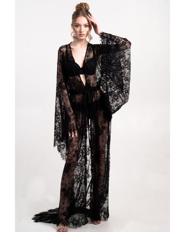 Lumina Long Lace Sheer Robe - Black