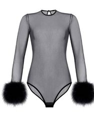 Mesh Sheer Sexy Bodysuit With Feather - Black