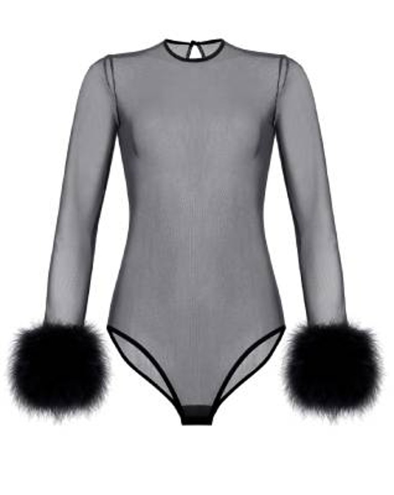 Mesh Sheer Sexy Bodysuit With Feather - Black