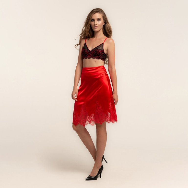 Silk Midi Skirt With Lace - Red