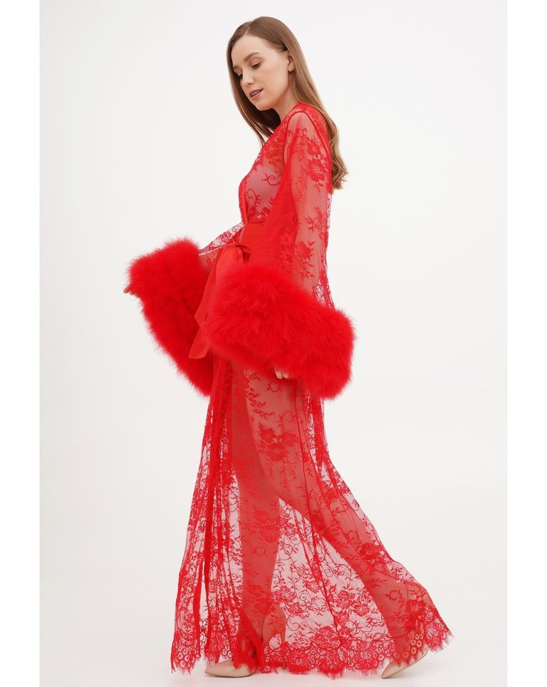 KÂfemme Red Sophie Sheer Long Lace Old Hollywood Robe