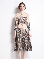 Apricot And Floral Print Day A-Line V-Neck Bishop Long Sleeve Maxi Dress - Beige