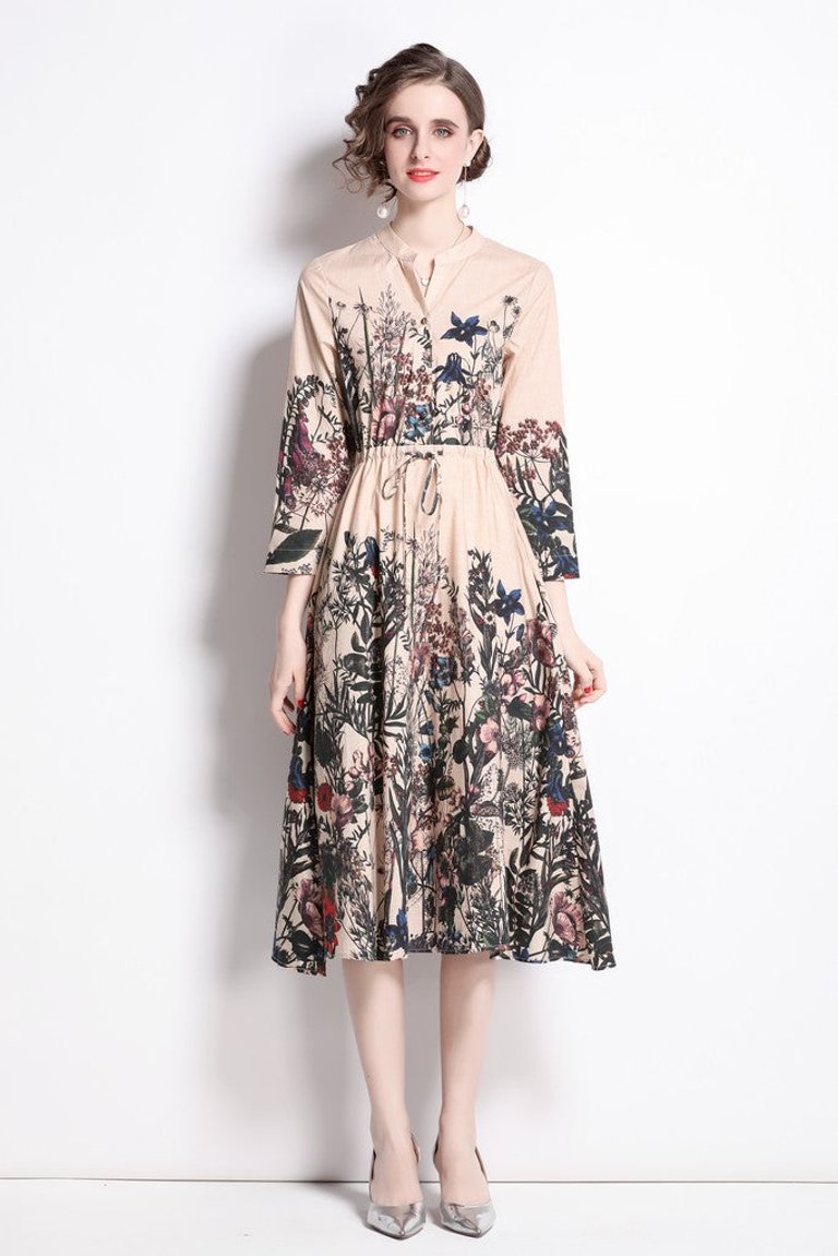 Apricot And Floral Print Day A-Line V-Neck Bishop Long Sleeve Maxi Dress - Beige