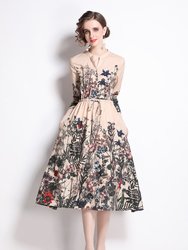 Apricot And Floral Print Day A-Line V-Neck Bishop Long Sleeve Maxi Dress