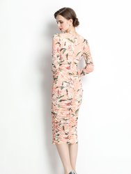Apricot And Floral Print Сocktail And Party Fitted Sweetheart Neck Elbow Sleeve Midi Floral Dress