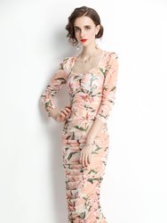 Apricot And Floral Print Сocktail And Party Fitted Sweetheart Neck Elbow Sleeve Midi Floral Dress
