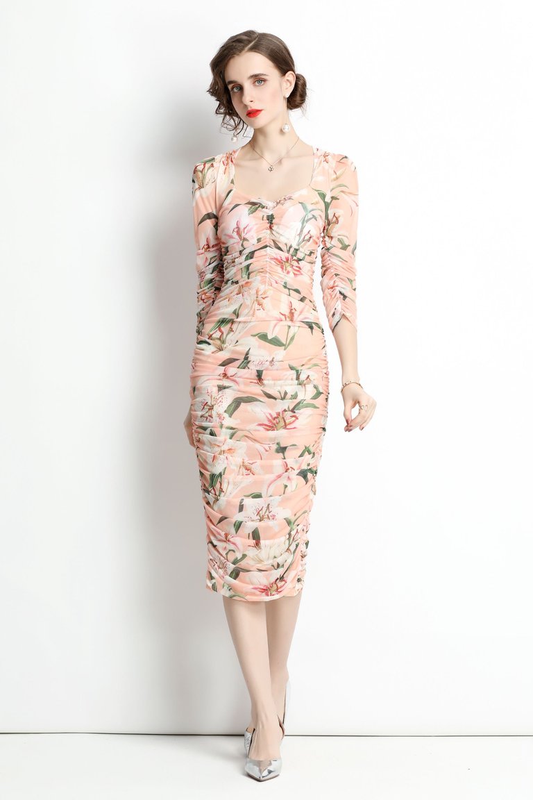 Apricot And Floral Print Сocktail And Party Fitted Sweetheart Neck Elbow Sleeve Midi Floral Dress - Pink