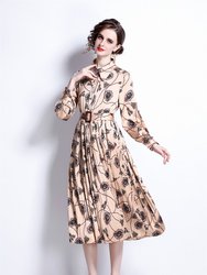 Apricot And Print Day A-Line Long Sleeve Below Knee Dress