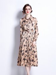 Apricot And Print Day A-Line Long Sleeve Below Knee Dress