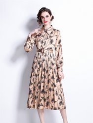 Apricot And Print Day A-Line Long Sleeve Below Knee Dress - Beige