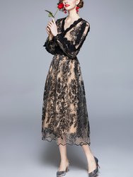 Black And Apricot Evening A-Line V-Neck Long Sleeve Midi Lace Dress