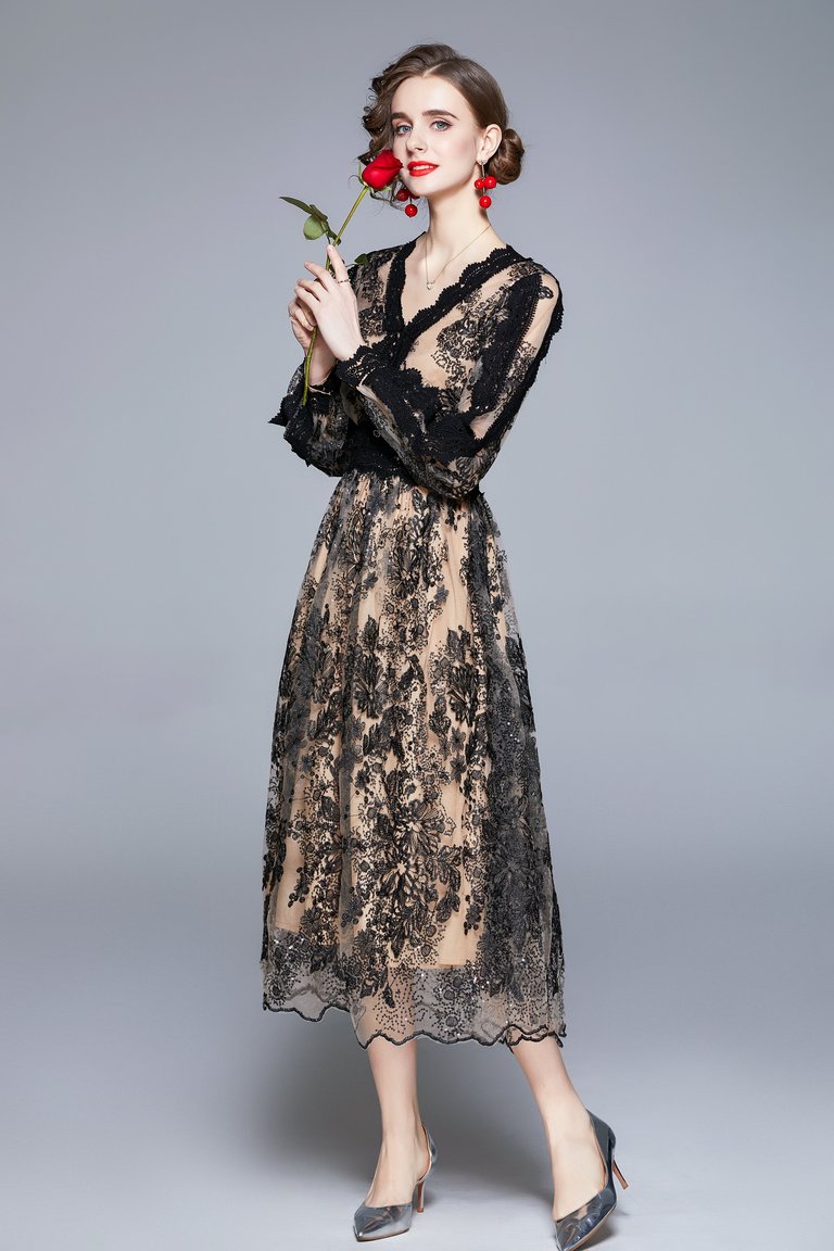 Black And Apricot Evening A-Line V-Neck Long Sleeve Midi Lace Dress