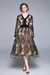 Black And Apricot Evening A-Line V-Neck Long Sleeve Midi Lace Dress - Black