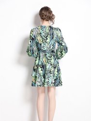 Black And Green Floral Print Day A-line V-Neck Long Sleeve Short Dress