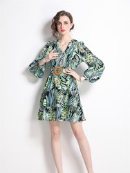 Black And Green Floral Print Day A-line V-Neck Long Sleeve Short Dress