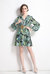 Black And Green Floral Print Day A-line V-Neck Long Sleeve Short Dress