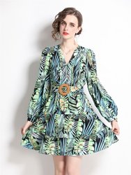 Black And Green Floral Print Day A-line V-Neck Long Sleeve Short Dress