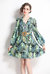 Black And Green Floral Print Day A-line V-Neck Long Sleeve Short Dress