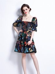 Black And Multicolor Print Day A-Line Squareneck Elbow Sleeve Above Knee Dress