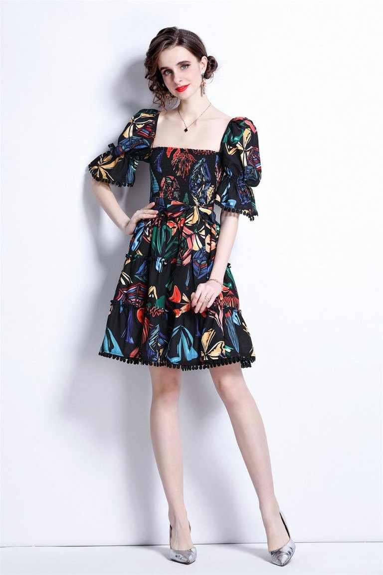 Black And Multicolor Print Day A-Line Squareneck Elbow Sleeve Above Knee Dress