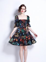 Black And Multicolor Print Day A-Line Squareneck Elbow Sleeve Above Knee Dress - Black