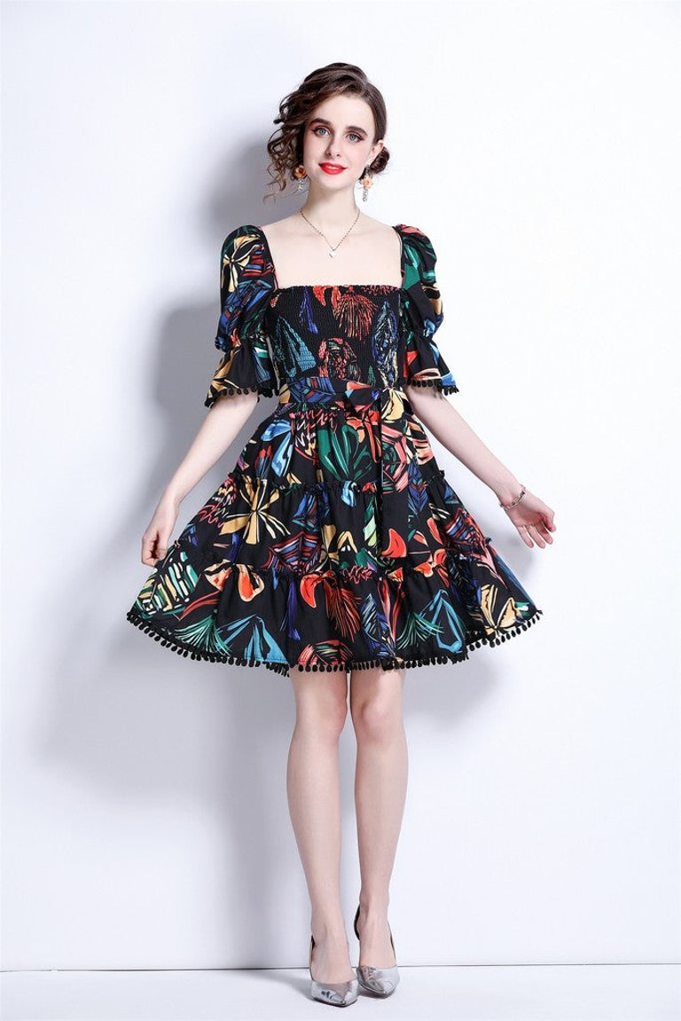 Black And Multicolor Print Day A-Line Squareneck Elbow Sleeve Above Knee Dress - Black