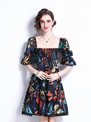 Black And Multicolor Print Day A-Line Squareneck Elbow Sleeve Above Knee Dress