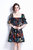 Black And Multicolor Print Day A-Line Squareneck Elbow Sleeve Above Knee Dress