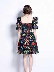 Black And Multicolor Print Day A-Line Squareneck Elbow Sleeve Above Knee Dress