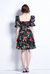 Black And Multicolor Print Day A-Line Squareneck Elbow Sleeve Above Knee Dress