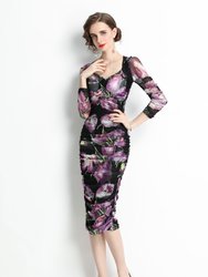 Black And Purple Сocktail And Party Fitted Sweetheart Neck Elbow Sleeve Midi Floral Dress