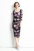Black And Purple Сocktail And Party Fitted Sweetheart Neck Elbow Sleeve Midi Floral Dress - Black