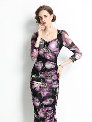 Black And Purple Сocktail And Party Fitted Sweetheart Neck Elbow Sleeve Midi Floral Dress